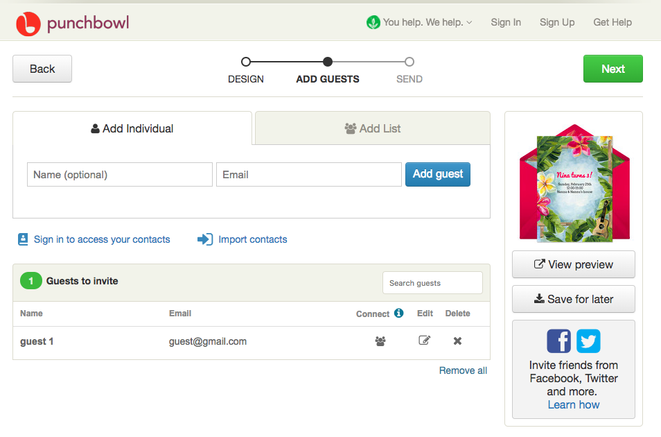 guest list page on punchbowl